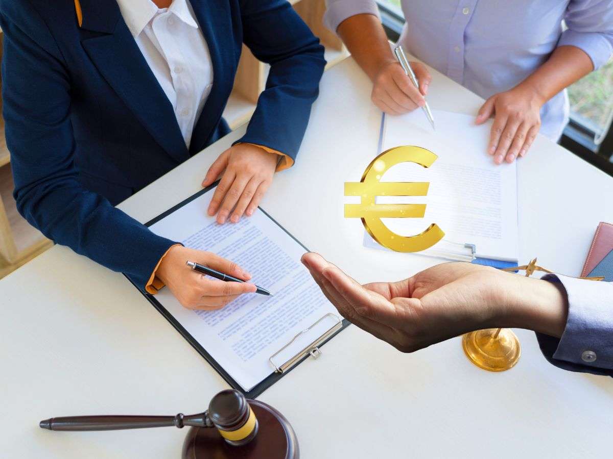 sfondo persone che guardano documenti e mano con simbolo euro