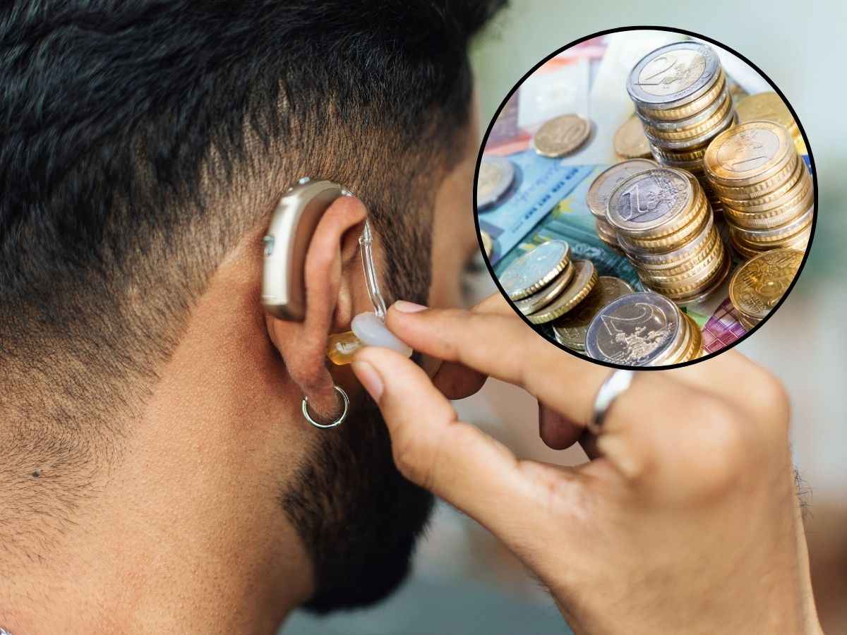 sfondo ragazzo con apparecchio acustico e tondo con monete e banconote euro