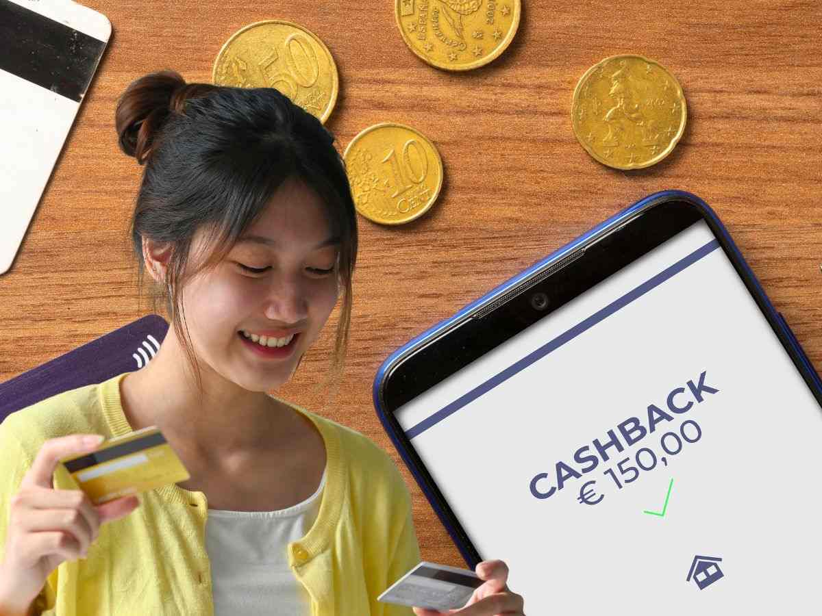 sfondo smartphone con cashback e monete euro e donna con carte in mano