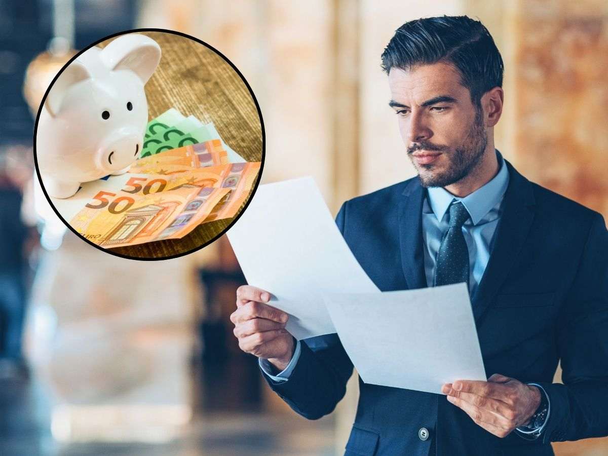 sfondo uomo legge documenti e tondo con salvadanaio porcellino e banconote euro