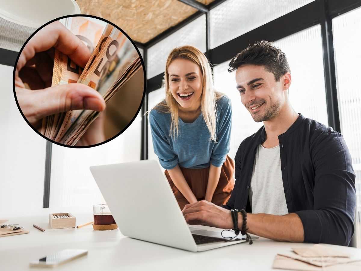 sfondo ragazzi al pc e tondo con banconote 50 euro
