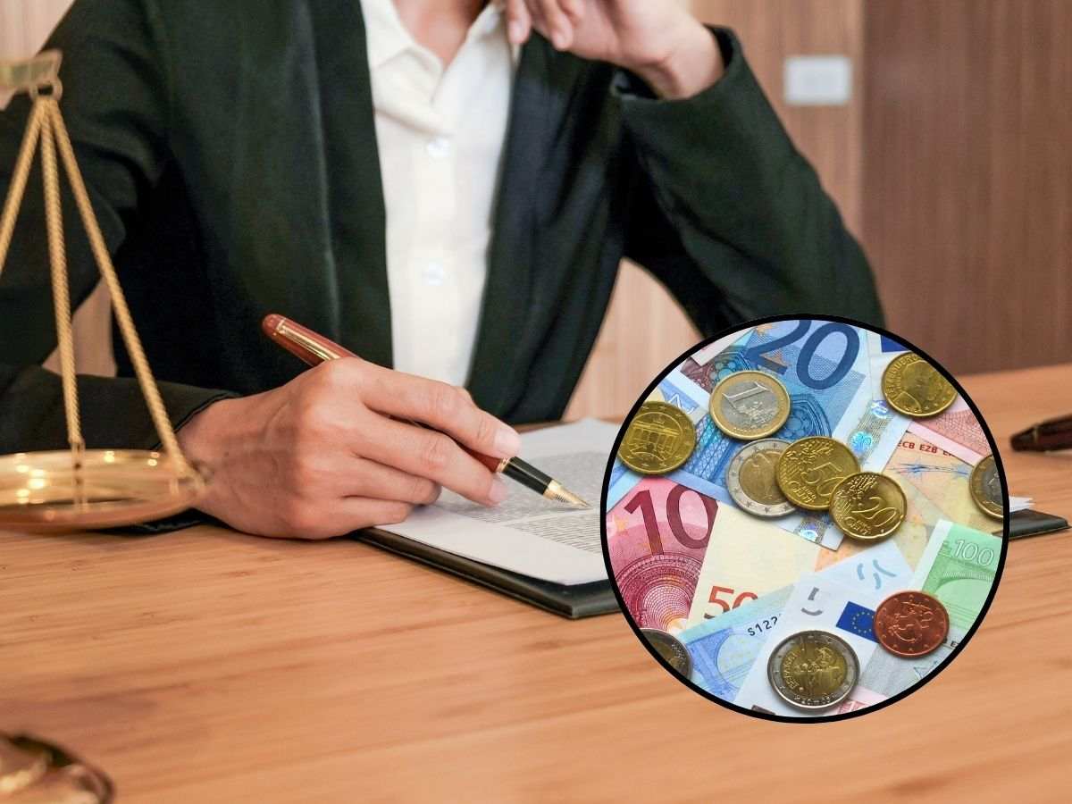 sfondo uomo alla scrivania scrive e tondo con banconote e monete euro