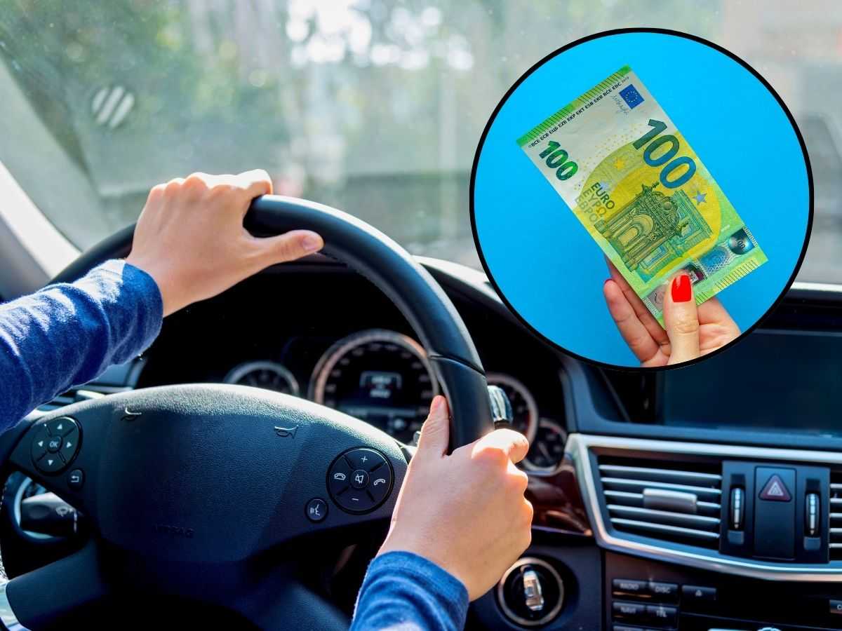 sfondo persona in auto e tondo con mano con banconota da 100 euro