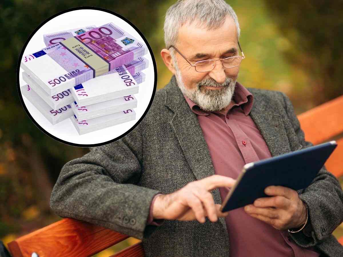 sfondo anziano al tablet e tondo con banconote euro
