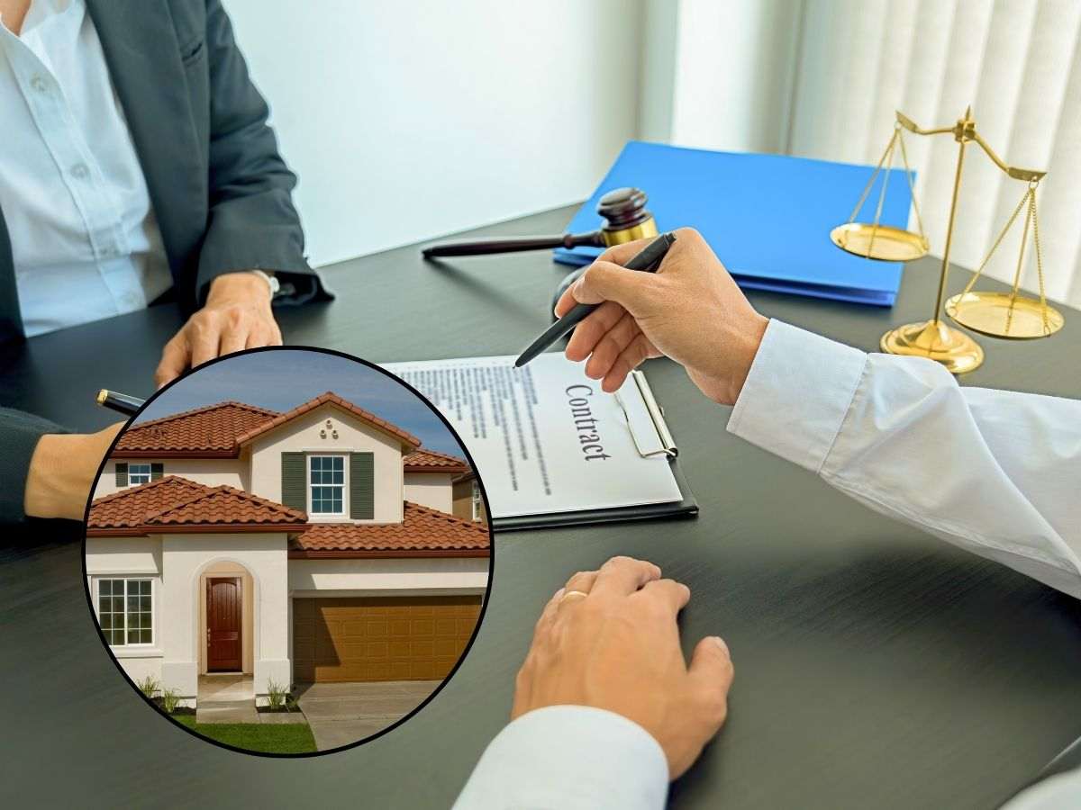sfondo persone con contratto e tondo con casa