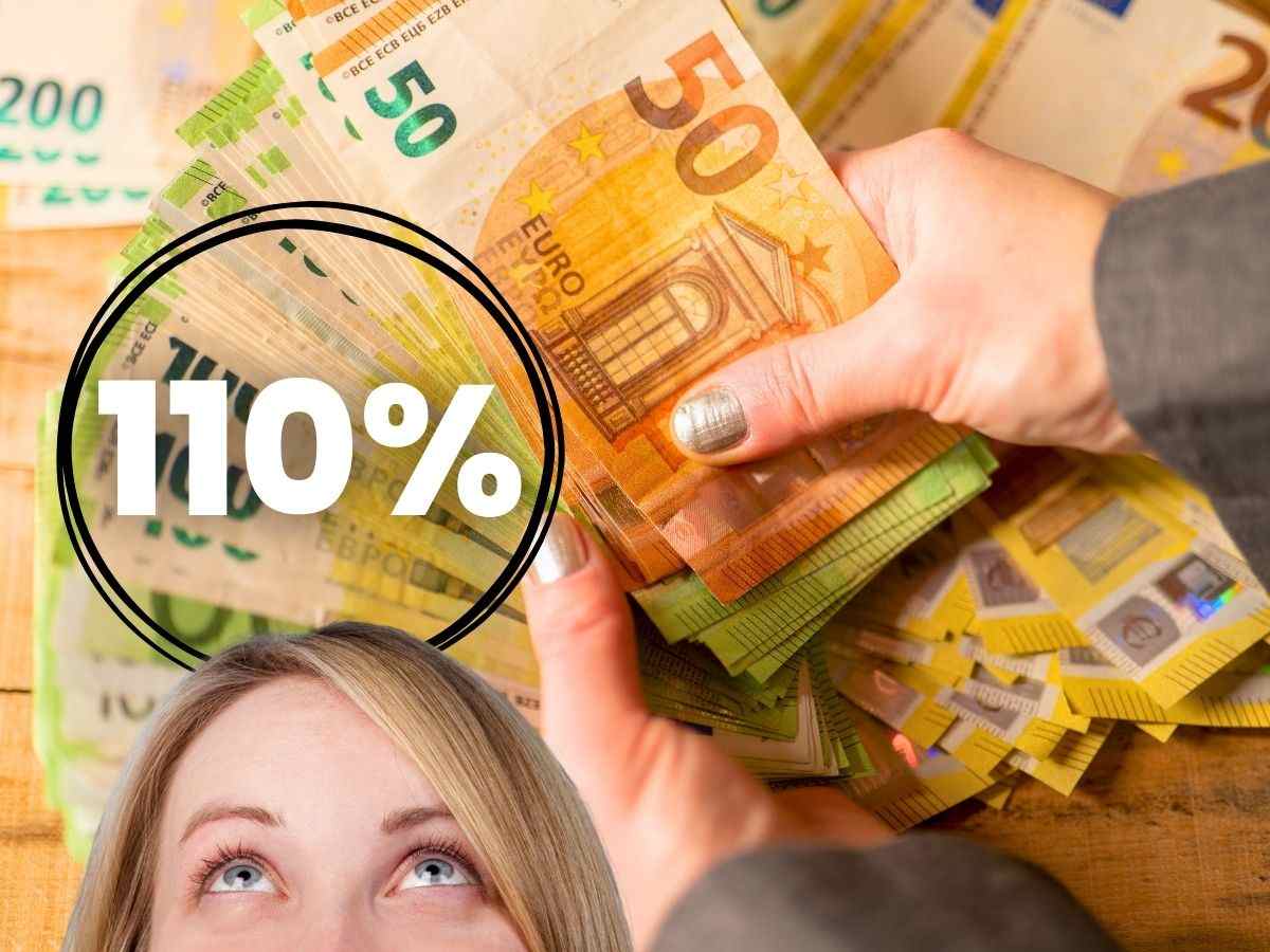 sfondo banconote euro e donna che guarda 110% cifra