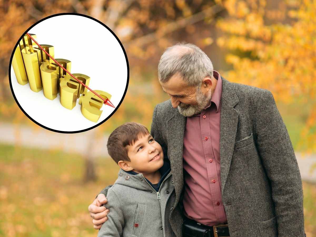 sfondo nonno e nipote e tondo con grafico euro in calo