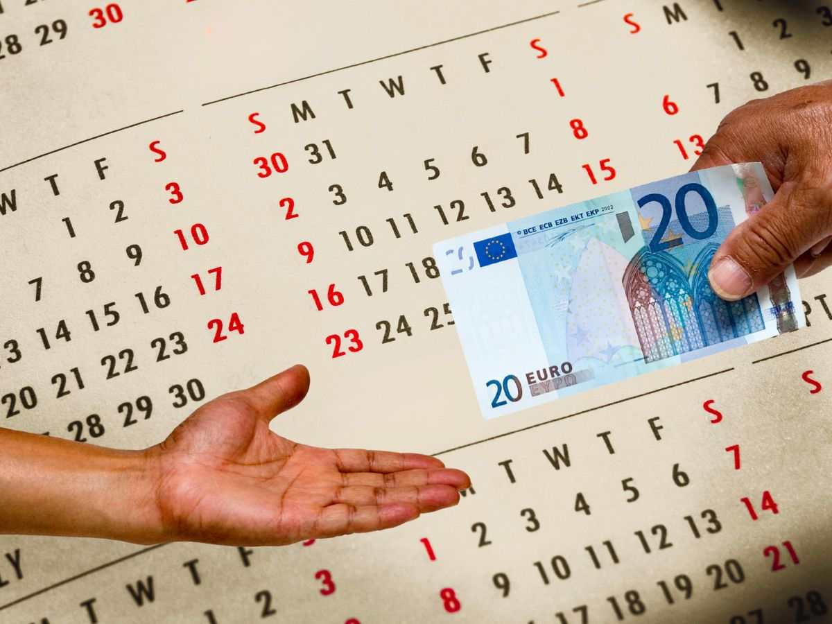 sfondo calendario e mani che si scambiano banconota da 20 euro