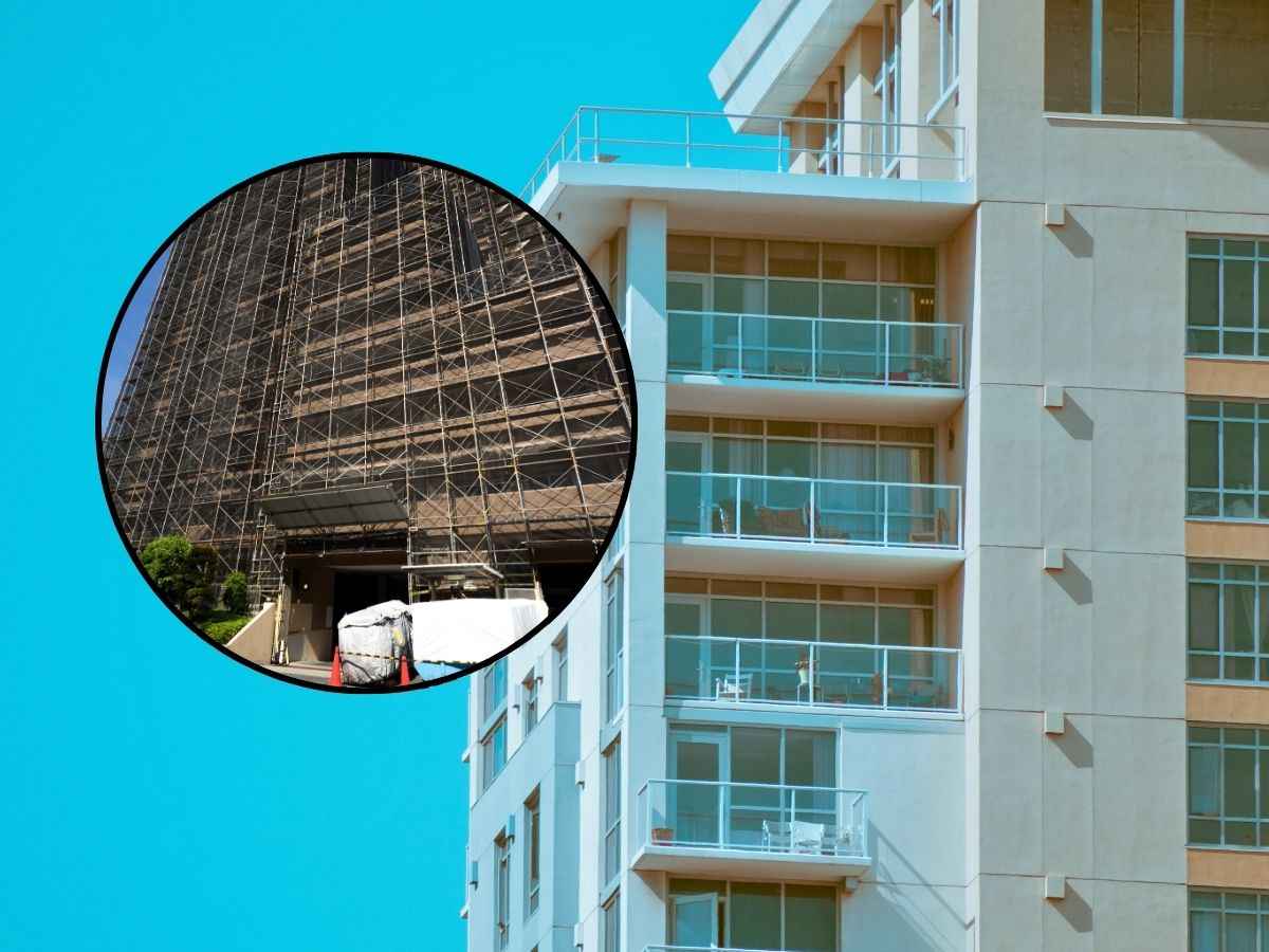 sfondo condominio e tondo con lavori facciata