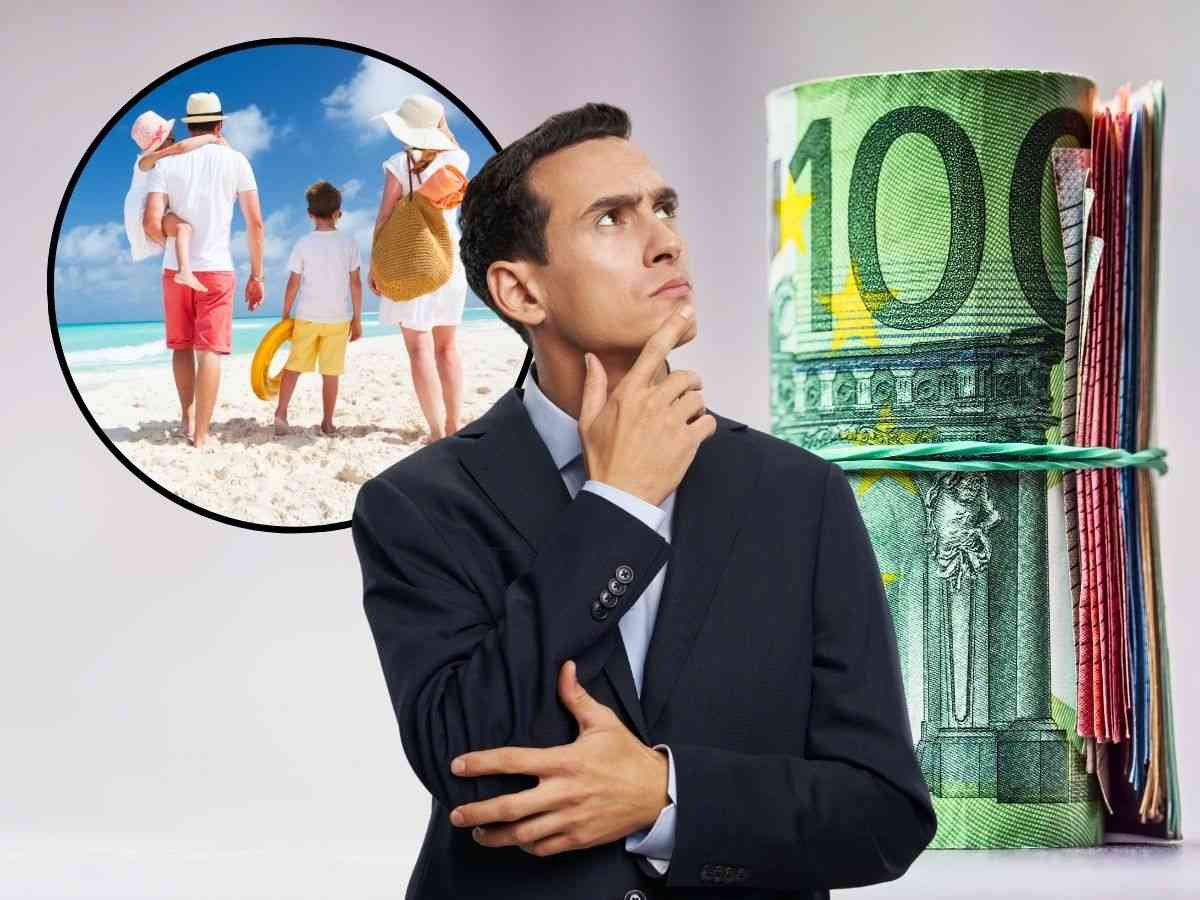 sfondo banconote euro arrotolate tondo con famiglia in vacanza e uomo che pensa