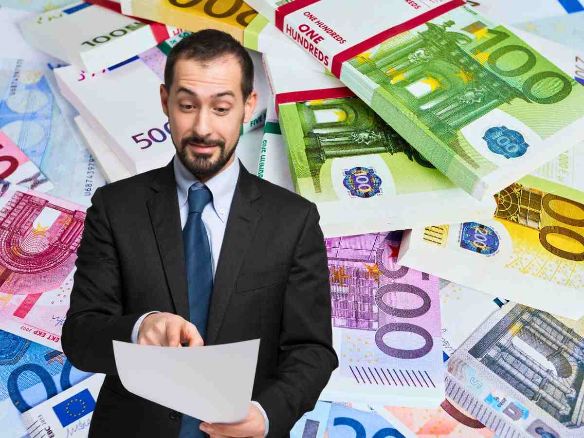 sfondo banconote euro e uomo che legge documento