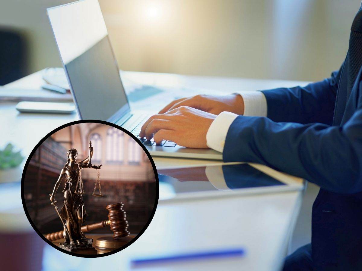 sfondo persona in smart working e tondo con simboli di legge