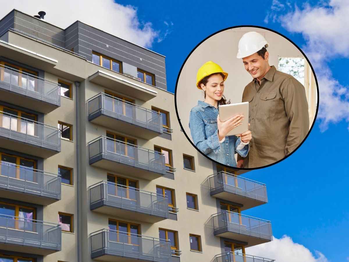 sfondo condominio e tondo con coppia che parla con elmetti in testa