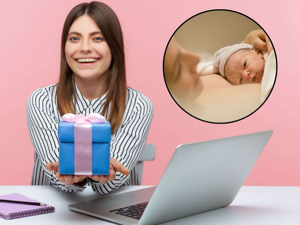 donna al pc con pacchetto regalo e tondo con nascita bambino