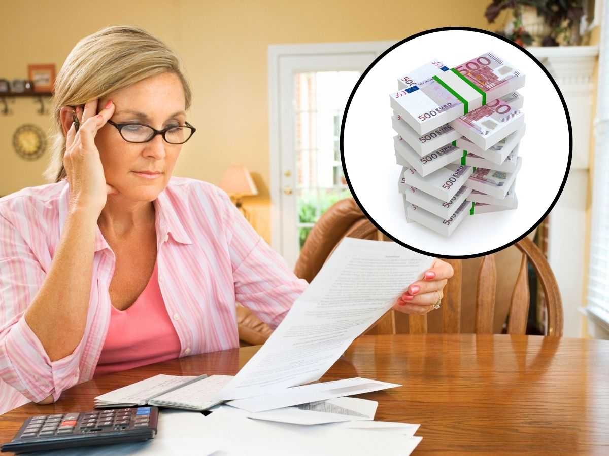 sfondo donna che legge bollette e tondo con banconote 500 euro