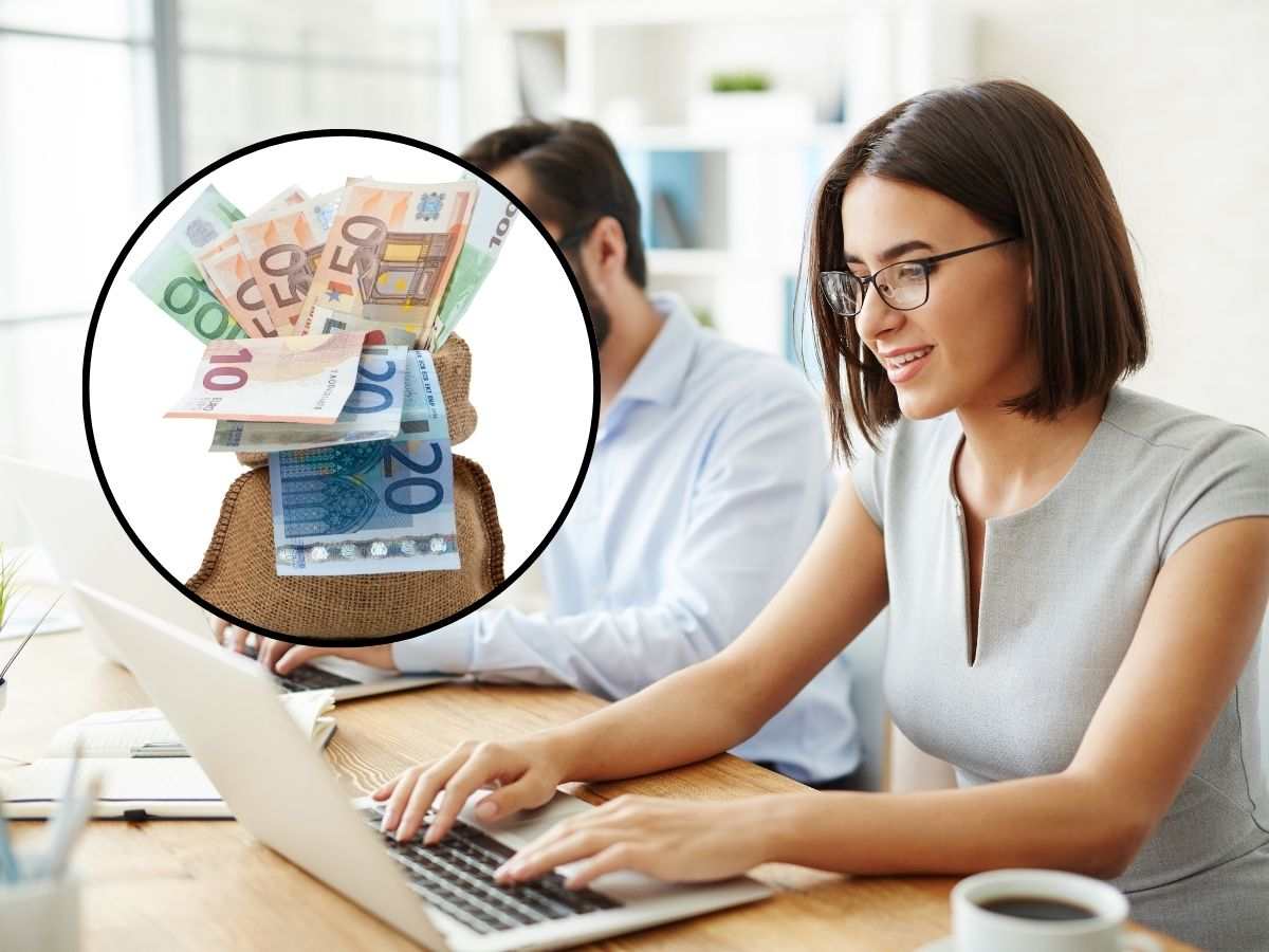 sfondo persone al pc e tondo con sacchetto con banconote euro