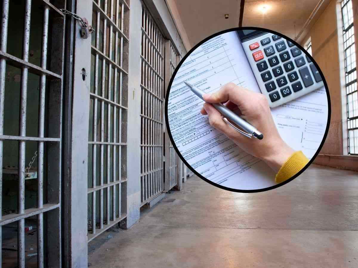 sfondo carcere e tondo con mano che fa calcoli con calcolatrice