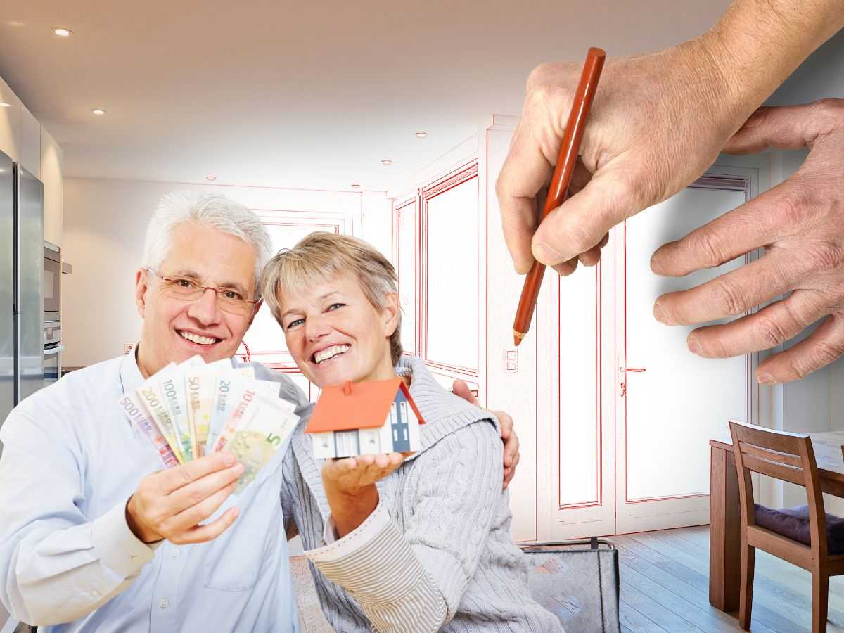 sfondo mano con matita disegna ristrutturazione casa e anziani con banconote euro in mano