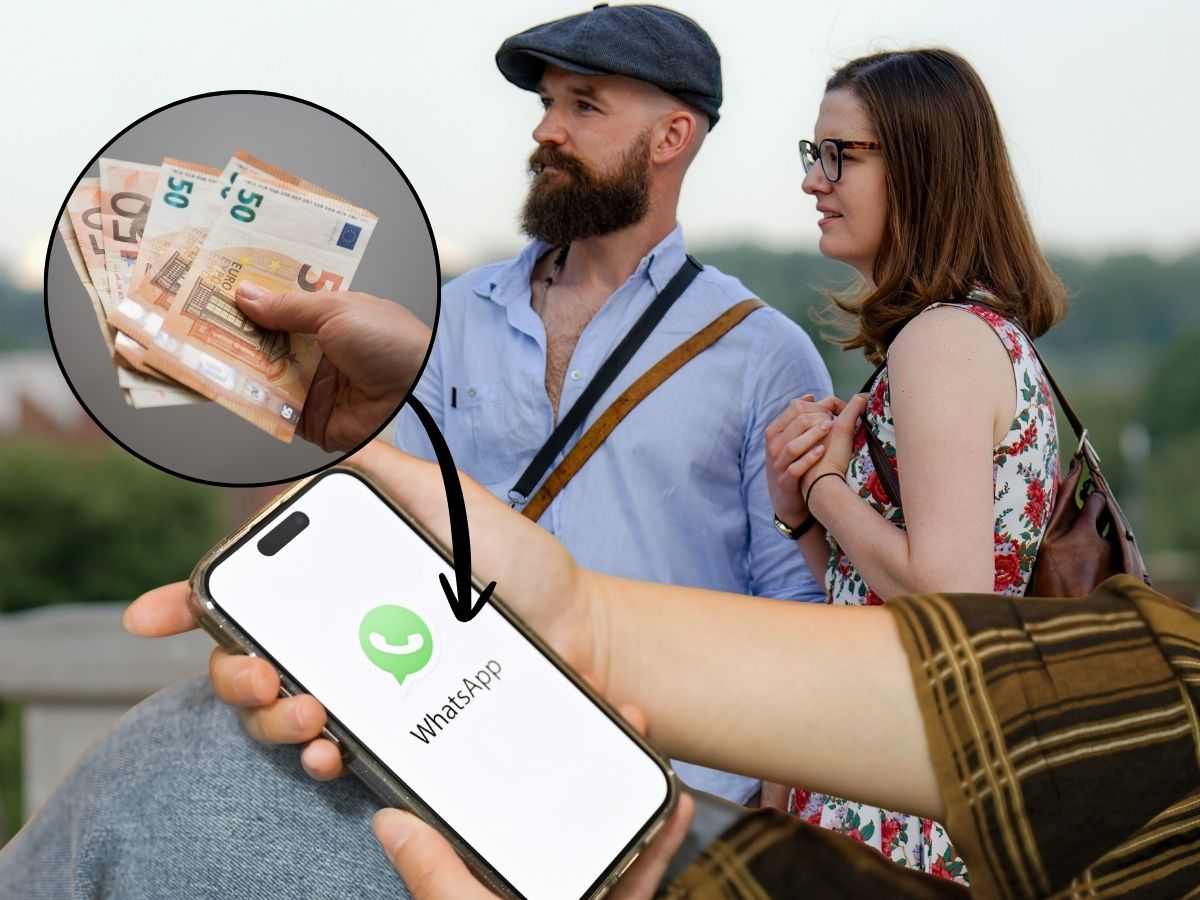 sfondo coppia e telefono con WhatsApp e tondo con banconote euro