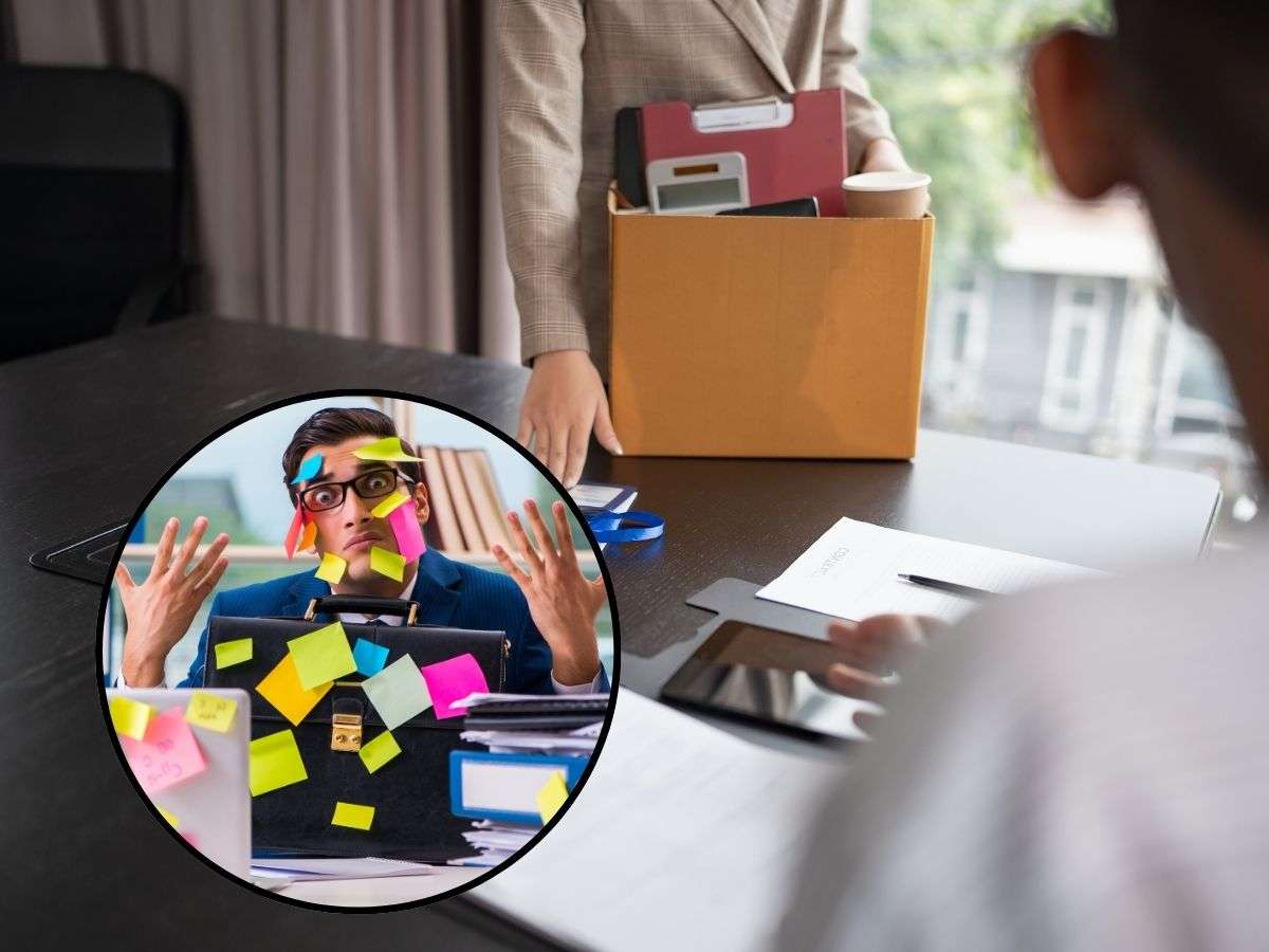 sfondo persona licenziata e tondo con lavoratore riempito di post-it