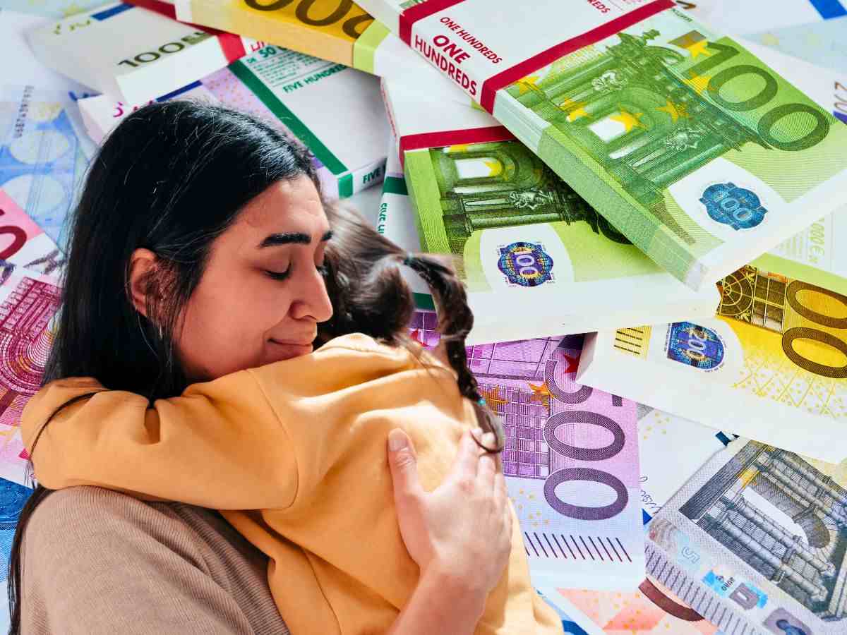 sfondo banconote euro e donna con bambino in braccio