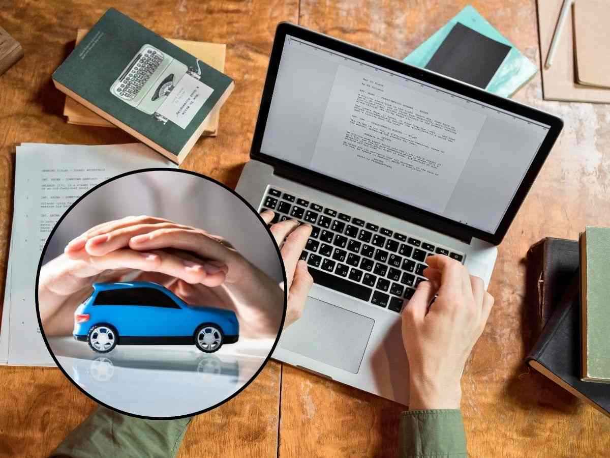 sfondo persona scrive al pc e tondo con auto in miniatura tra le mani