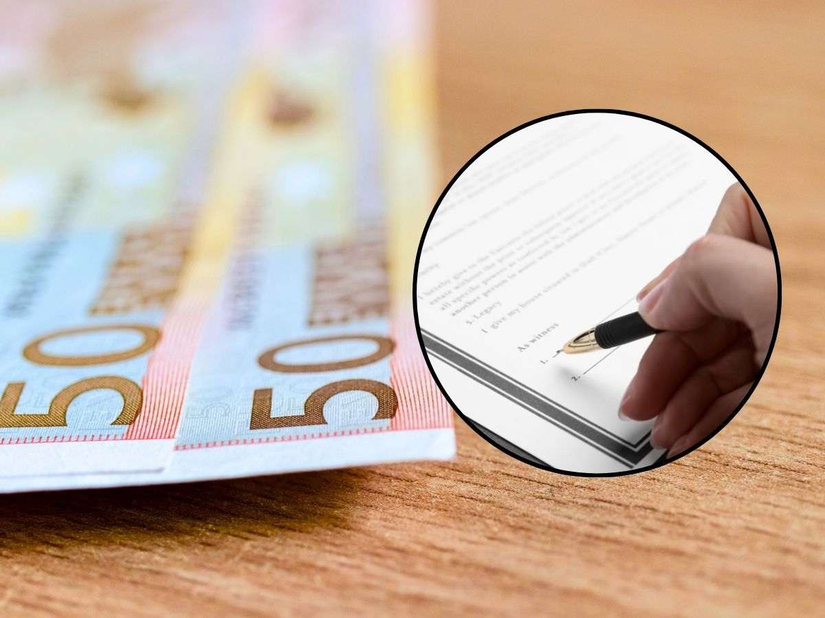 sfondo banconote euro e tondo con mano che scrive documento