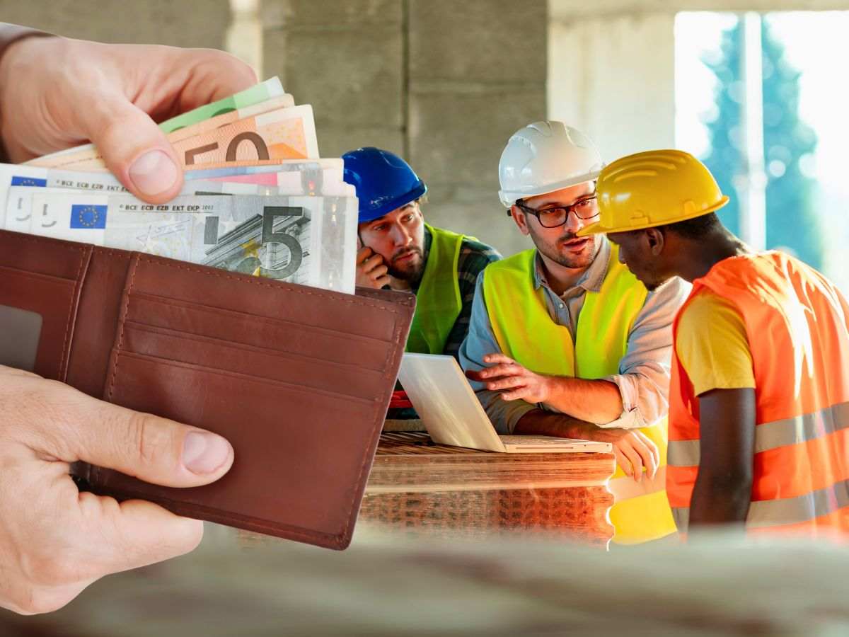 sfondo direttore dei lavori e operai e mani su portafoglio con banconote euro