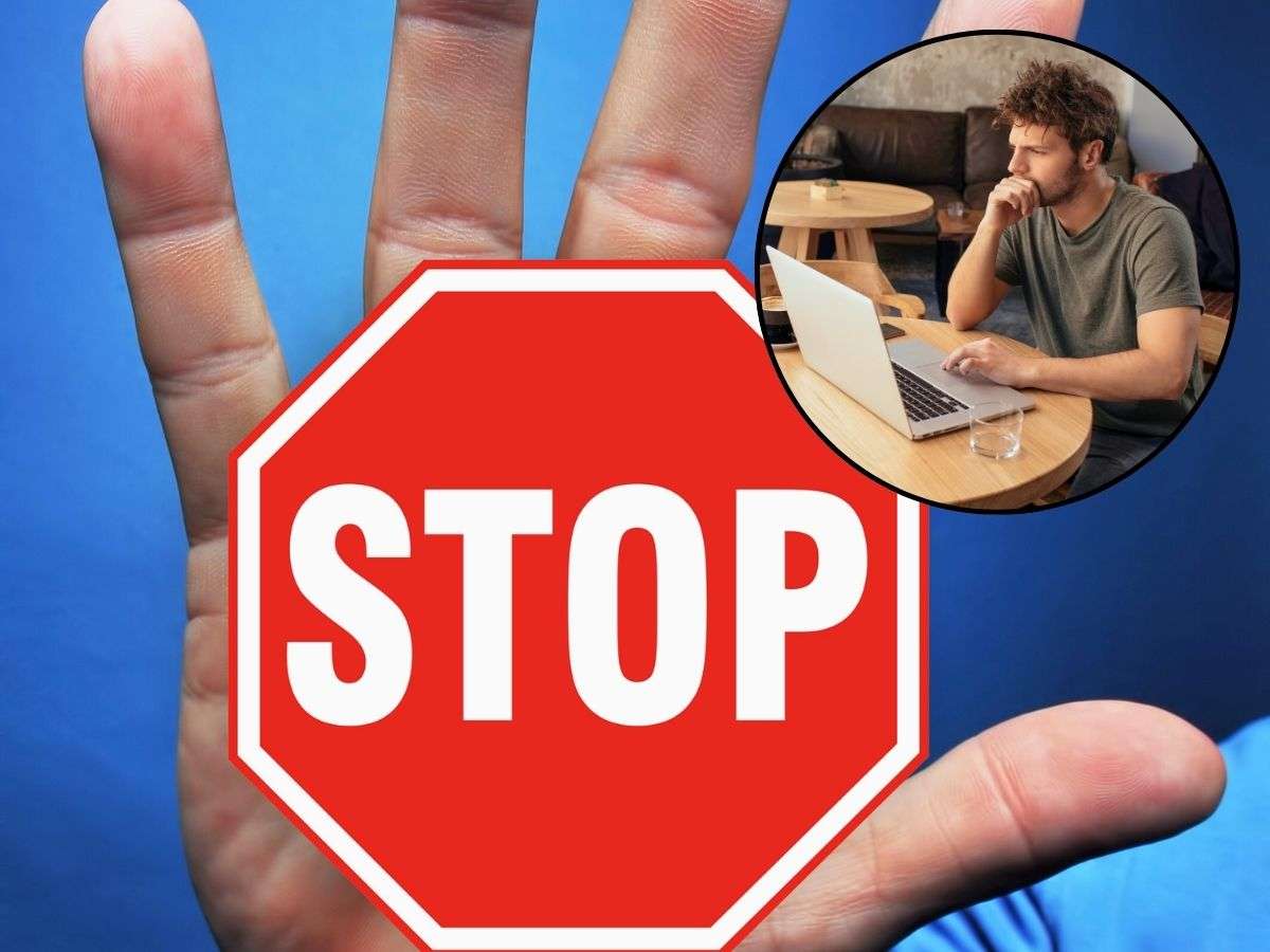 sfondo mano che tiene cartello stop e tondo con ragazzo al pc
