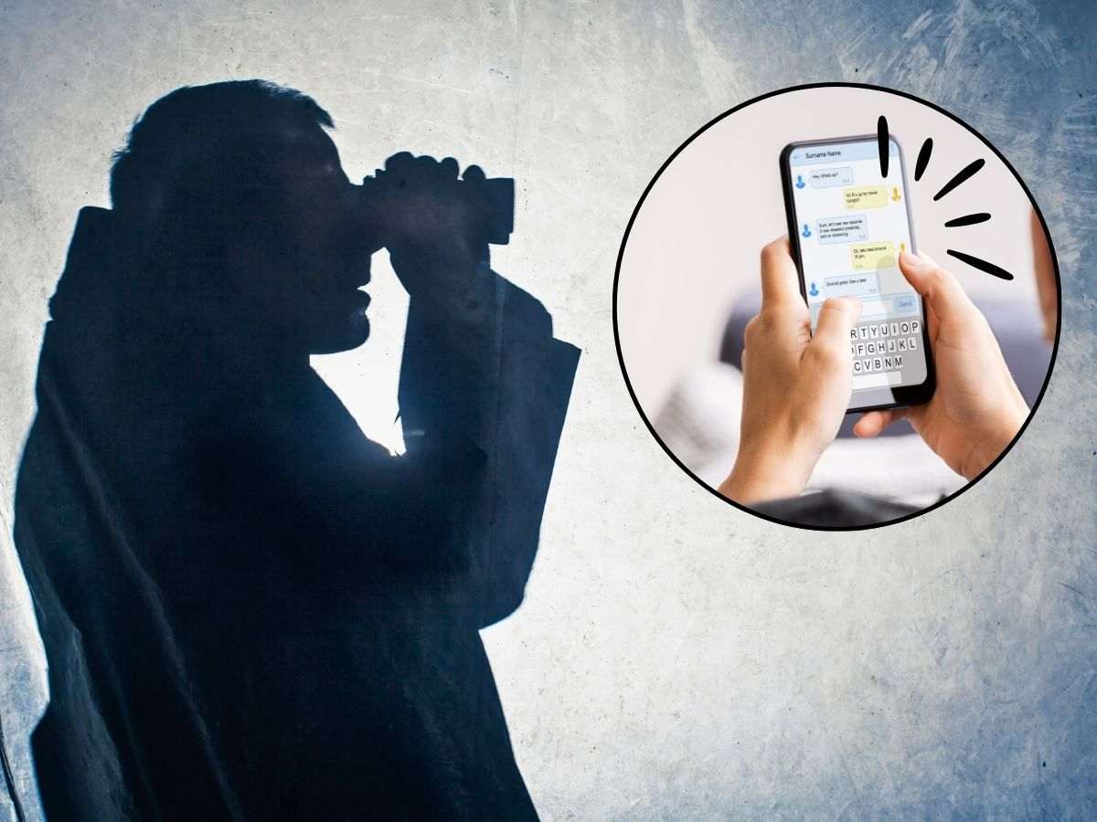 sfondo uomo che spia con binocolo e tondo con persona che manda messaggi
