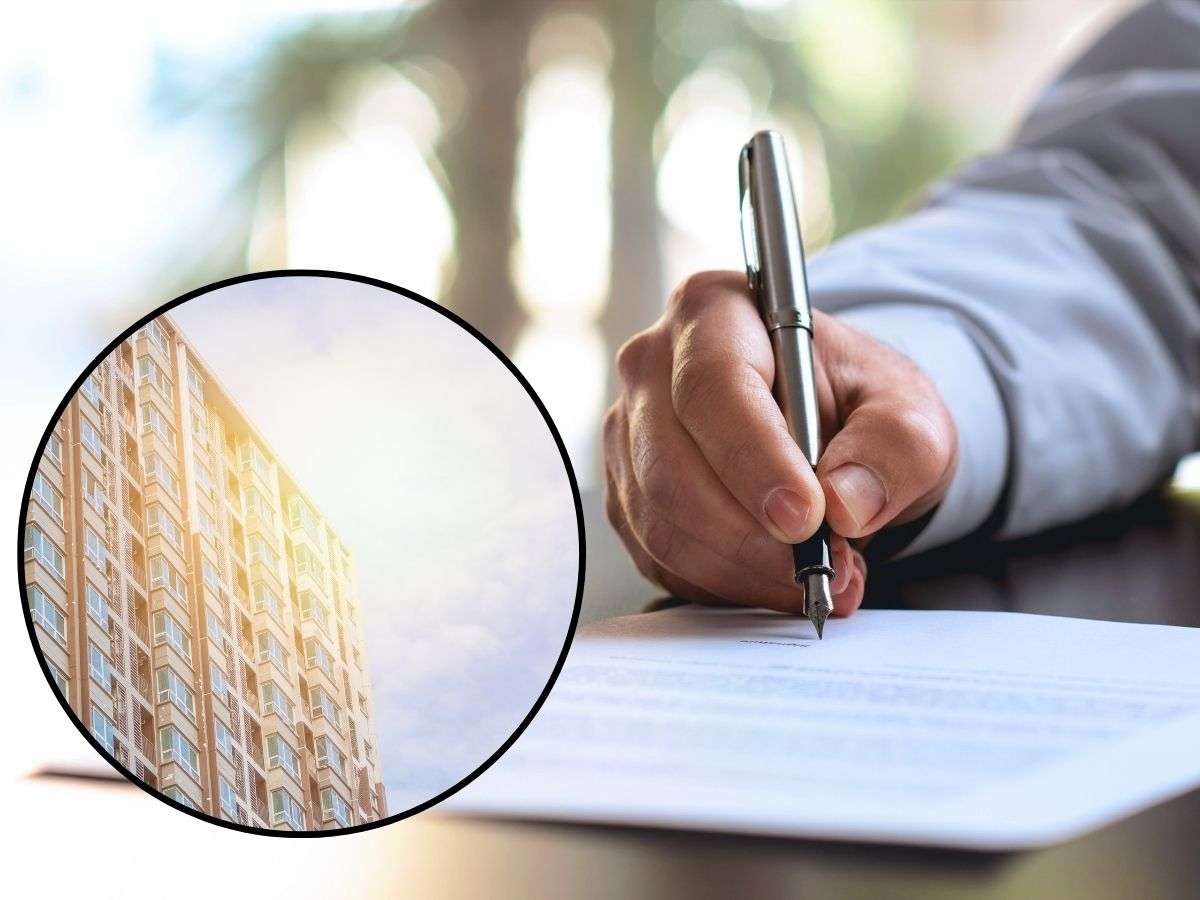 sfondo persona che scrive documento e tondo con palazzina