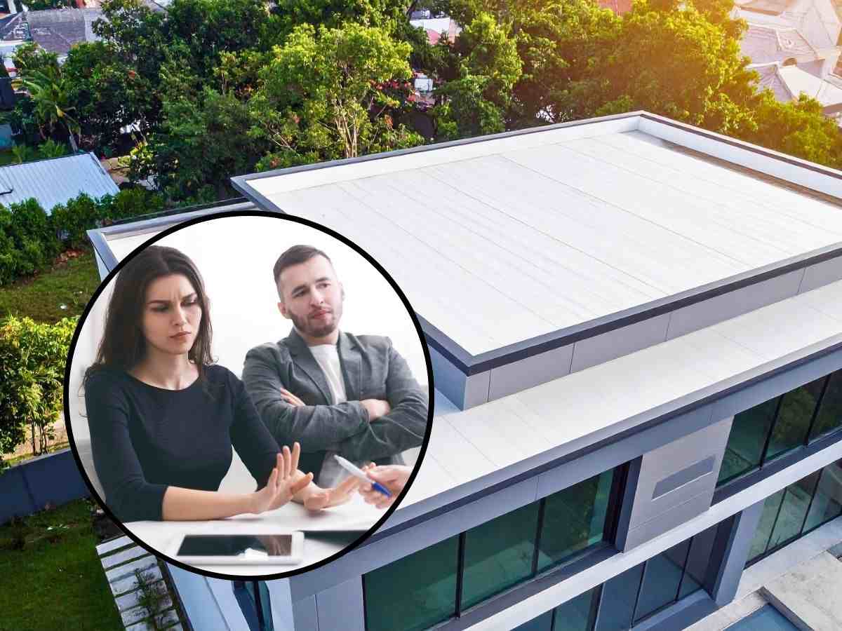 sfondo lastrico solare condominio e tondo con persone sconvolte
