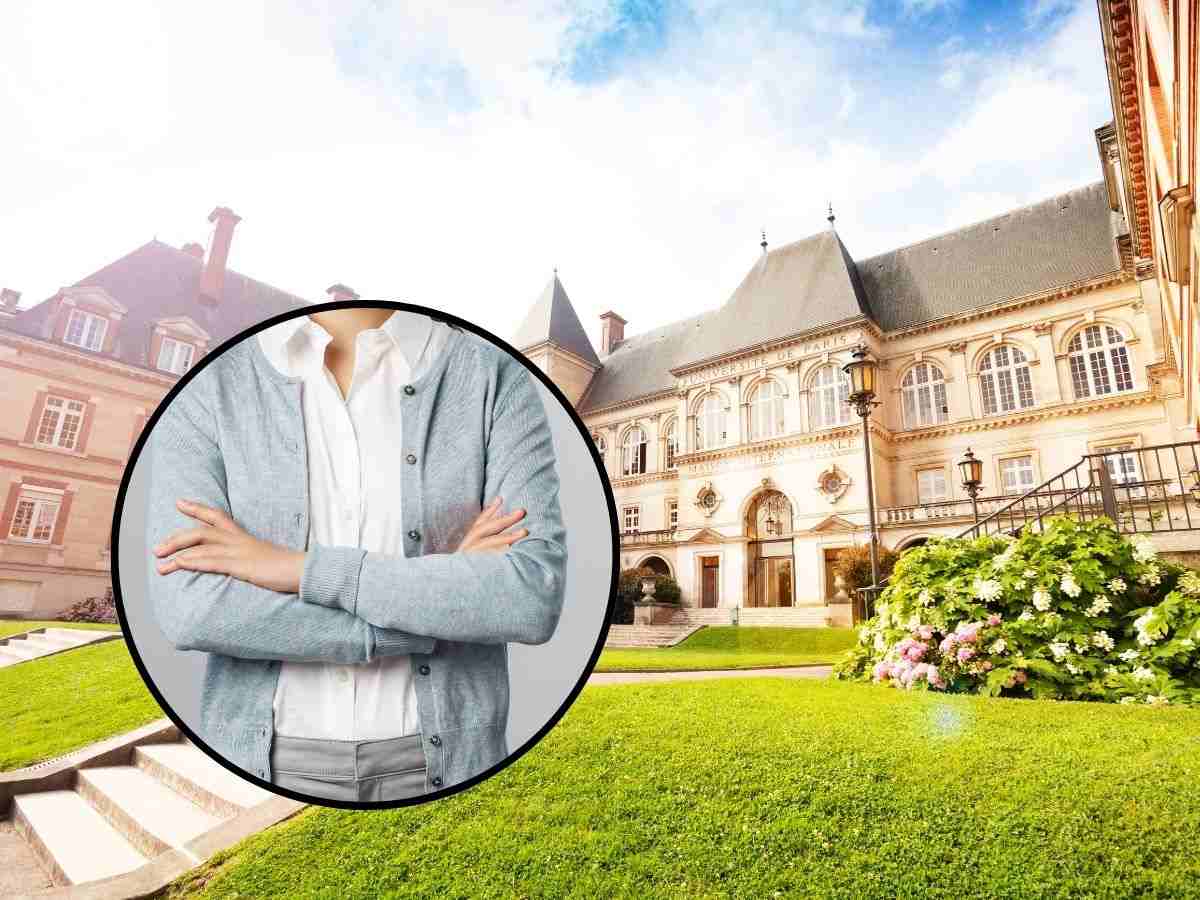 sfondo edificio Estero e tondo con donna braccia conserte