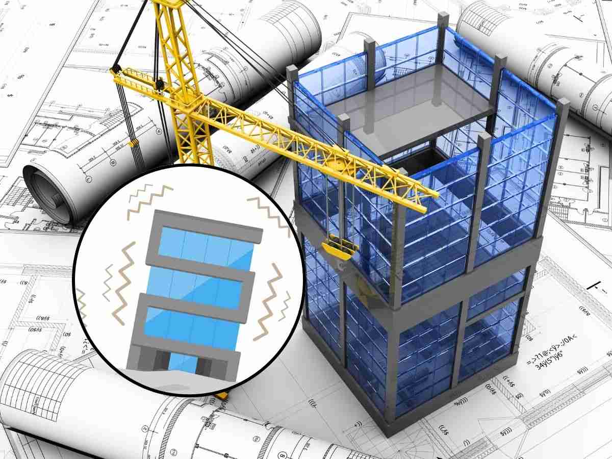 sfondo disegno edilizia e tondo con edificio che trema