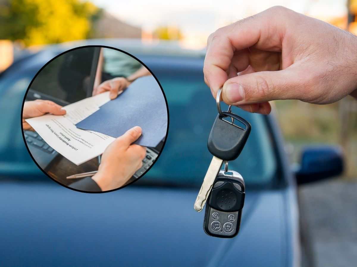 sfondo auto con chiavi in mano e tondo con scambio documenti