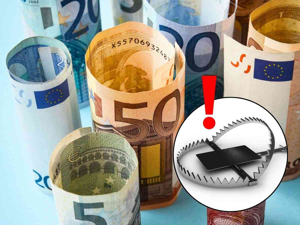 sfondo banconote euro e tondo con trappola e punto esclamativo