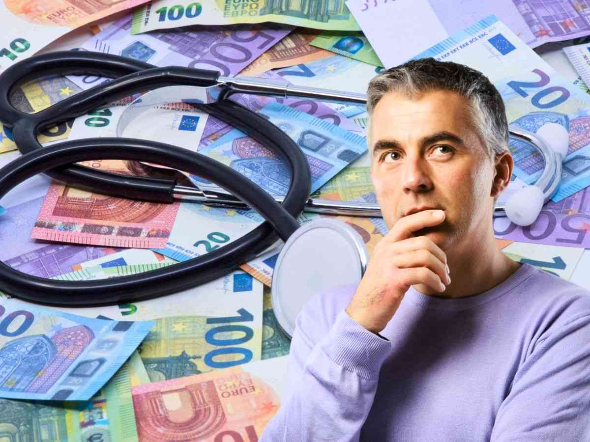 sfondo banconote euro e stetoscopio e uomo che pensa