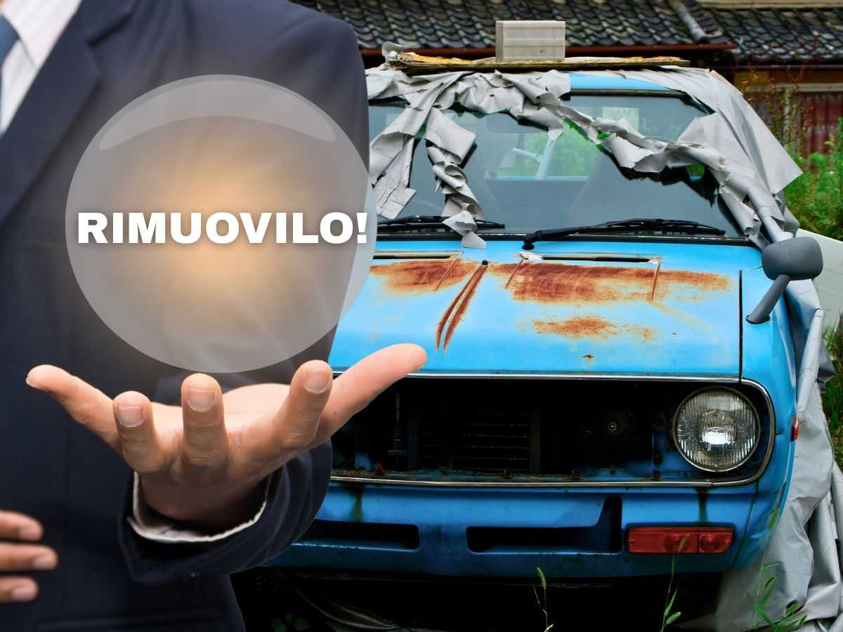 sfondo veicolo abbandonato e uomo con scritta "rimuovilo"