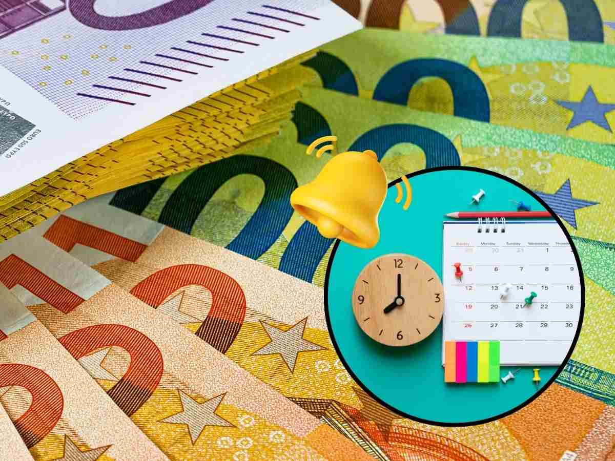sfondo banconote euro e tondo con calendario e simbolo notifica