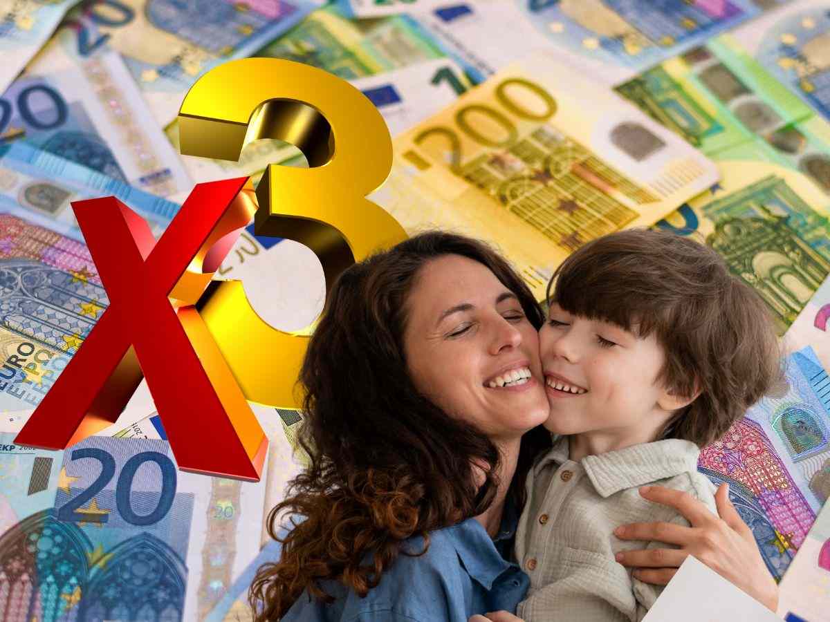 sfondo banconote euro simbolo X 3 e mamma con figlio