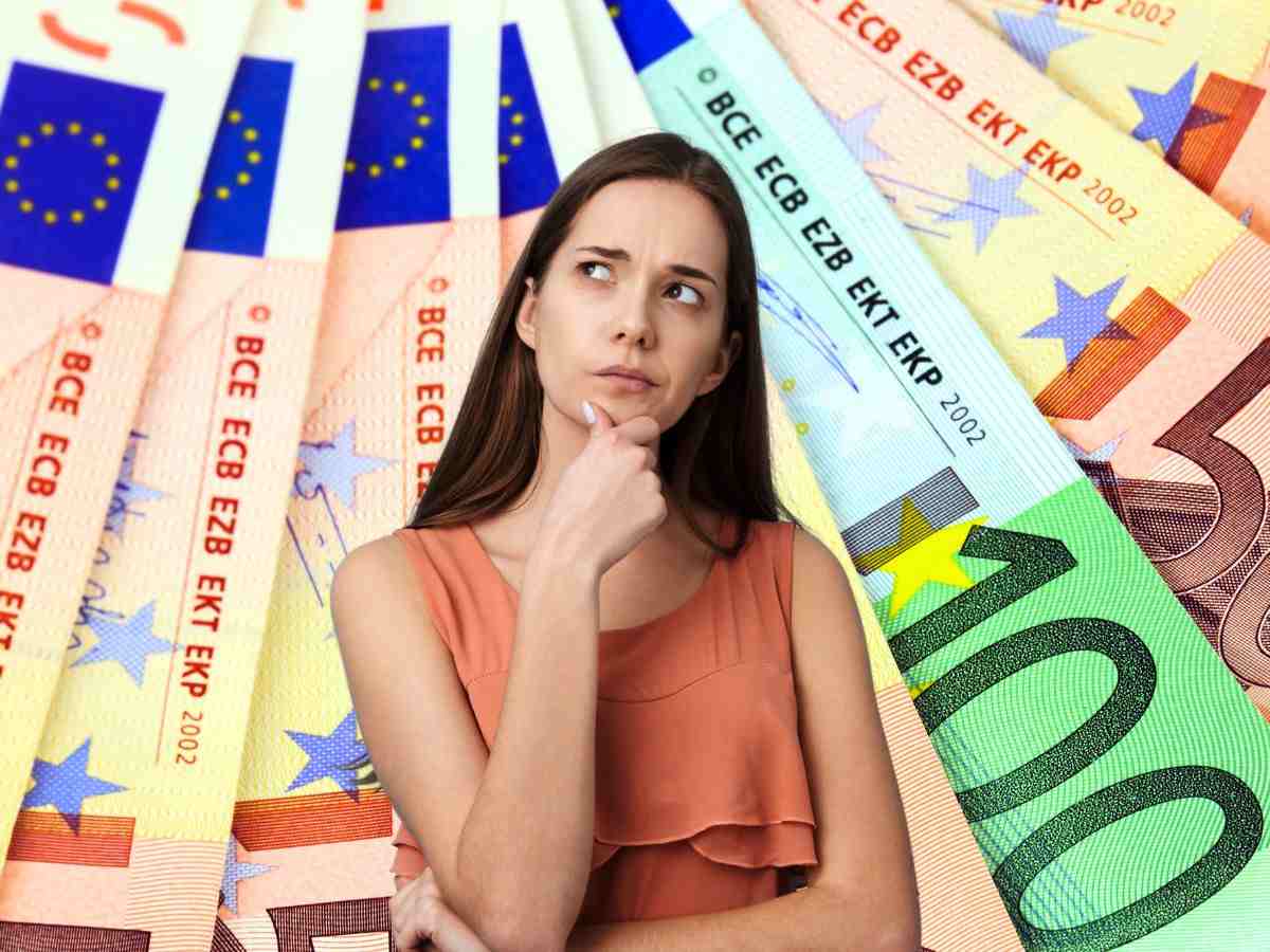 sfondo banconote euro e ragazza che pensa