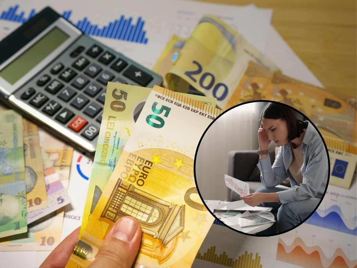 sfondo banconote euro e calcolatrice e tondo con donna che legge documenti tasse