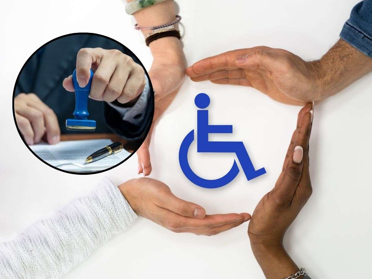 sfondo logo disabilità e mani in cerchio e tondo con persona che timbra