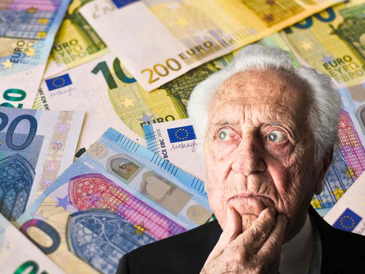 sfondo banconote euro e anziano che pensa