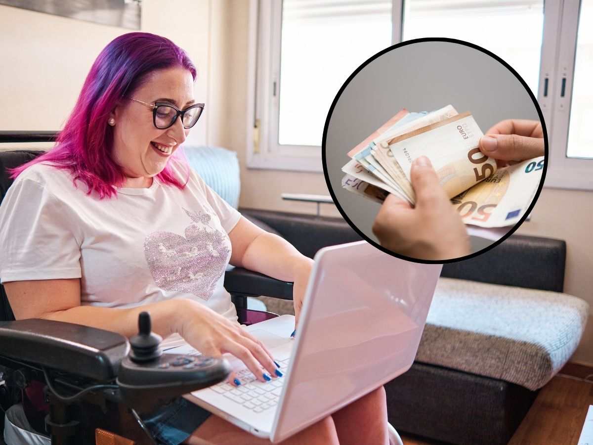 sfondo ragazza disabile guarda documento e tondo con banconote euro