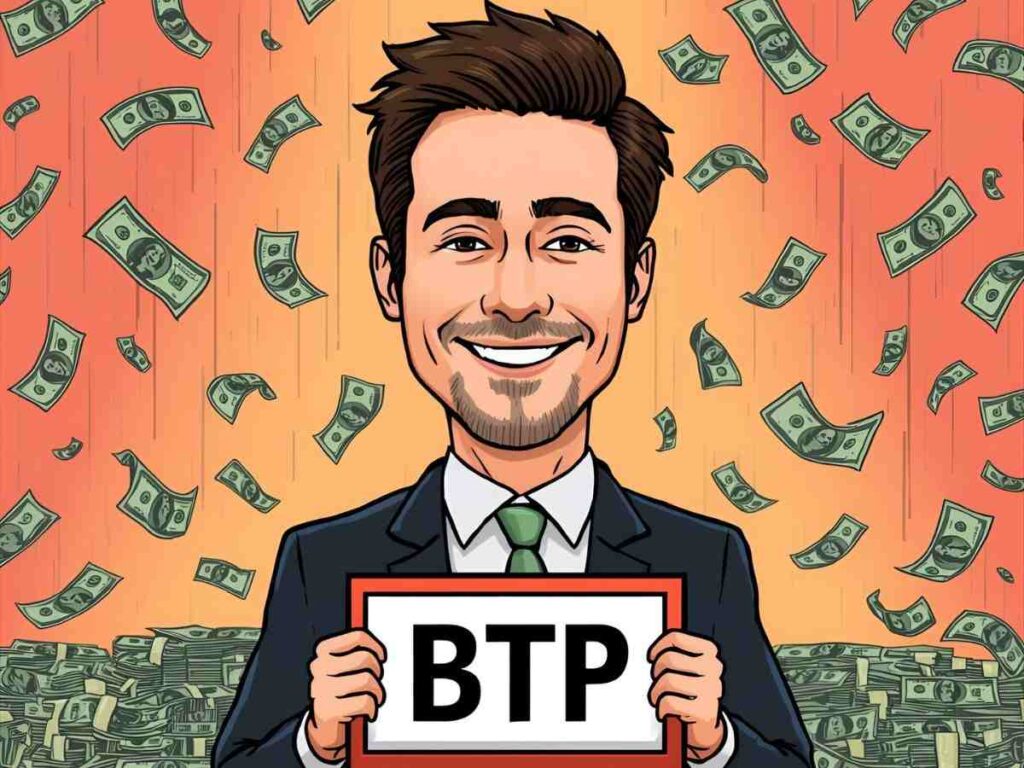 Uomo contento con cartello con su scritto BTP