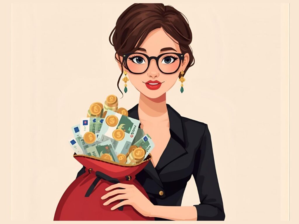 Fumetto di una donna con un sacco di soldi in euro